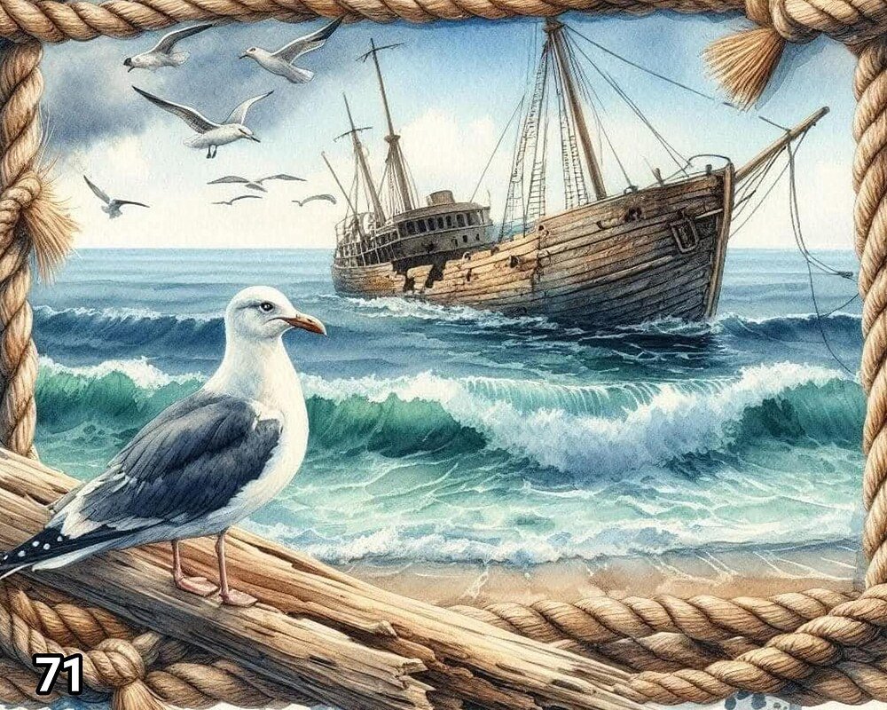 Диамантен гоблен „Чайка и кораб в бурята“ 71 · 50×40 см