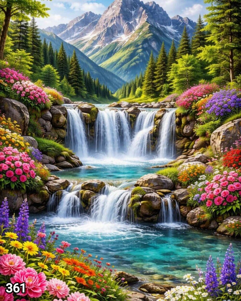 Диамантен гоблен „Водопади сред цветята“ 361 · 50×40 см