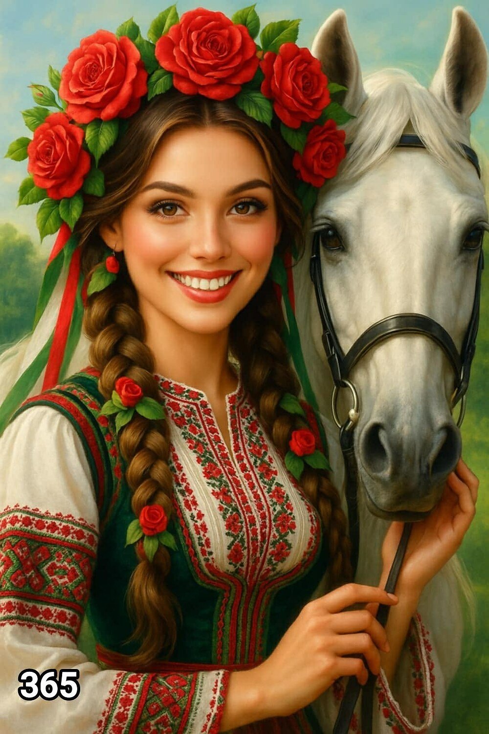 Диамантен гоблен „Усмихната мома с бял кон“ 365 · 30×40 см