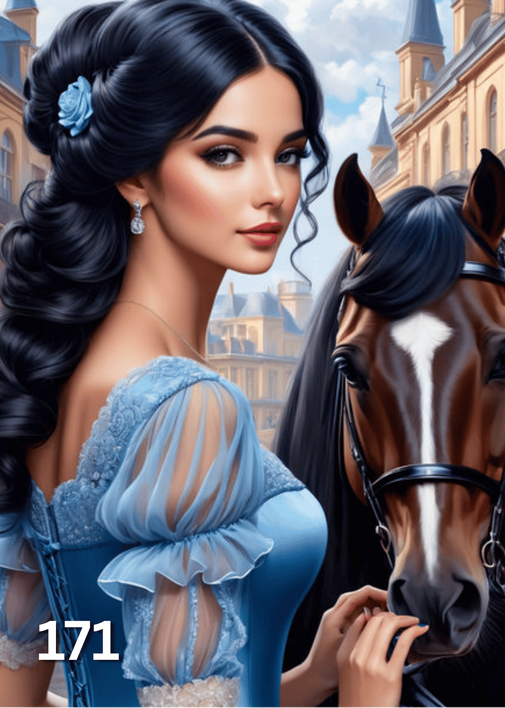 Диамантен гоблен „Дама в синьо с кон“ 171 · 30×40 см