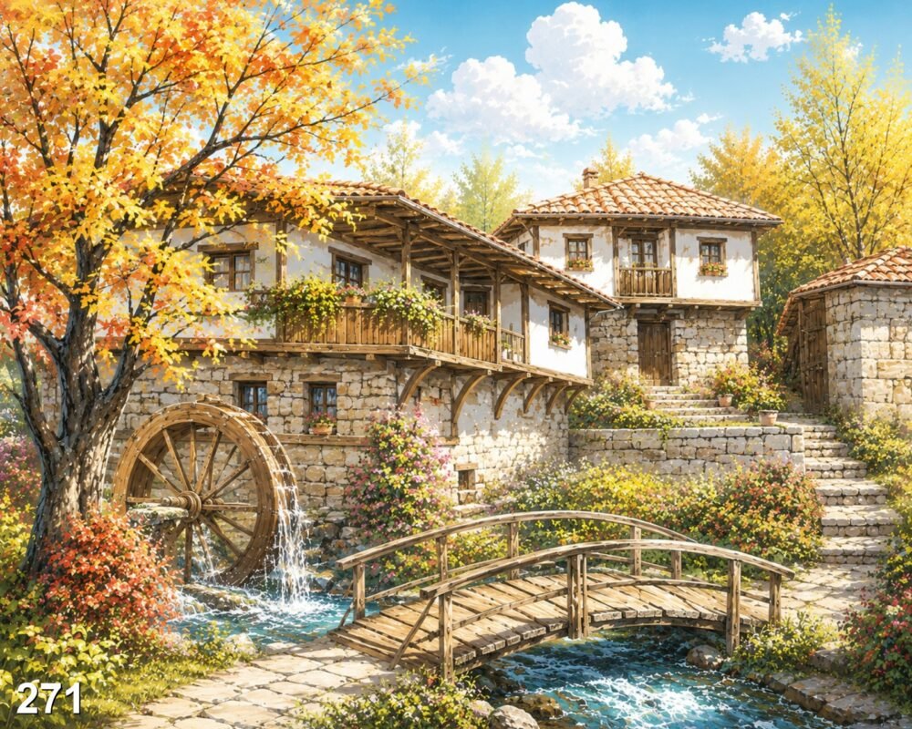 Диамантен гоблен „Воденицата през есента“ 271 · 50×40 см
