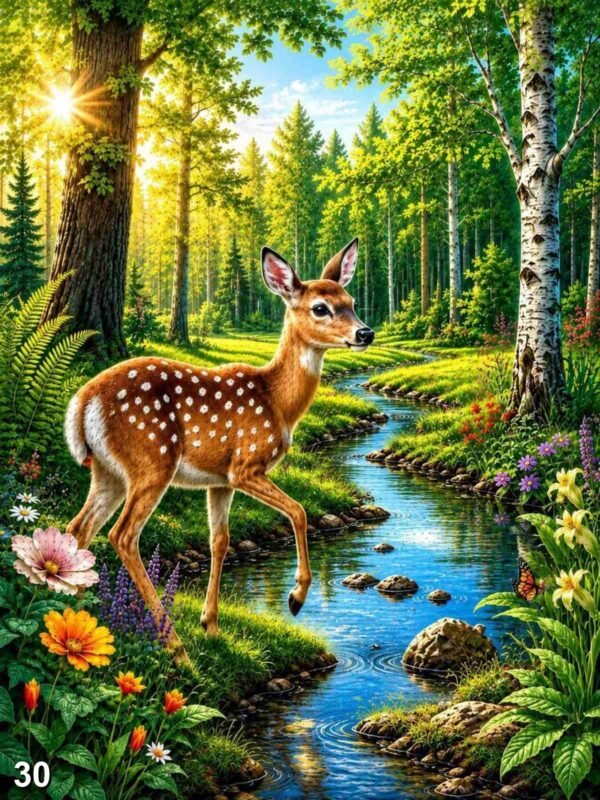 Диамантен гоблен „Еленче край горския поток“ 30 · 30×40 см