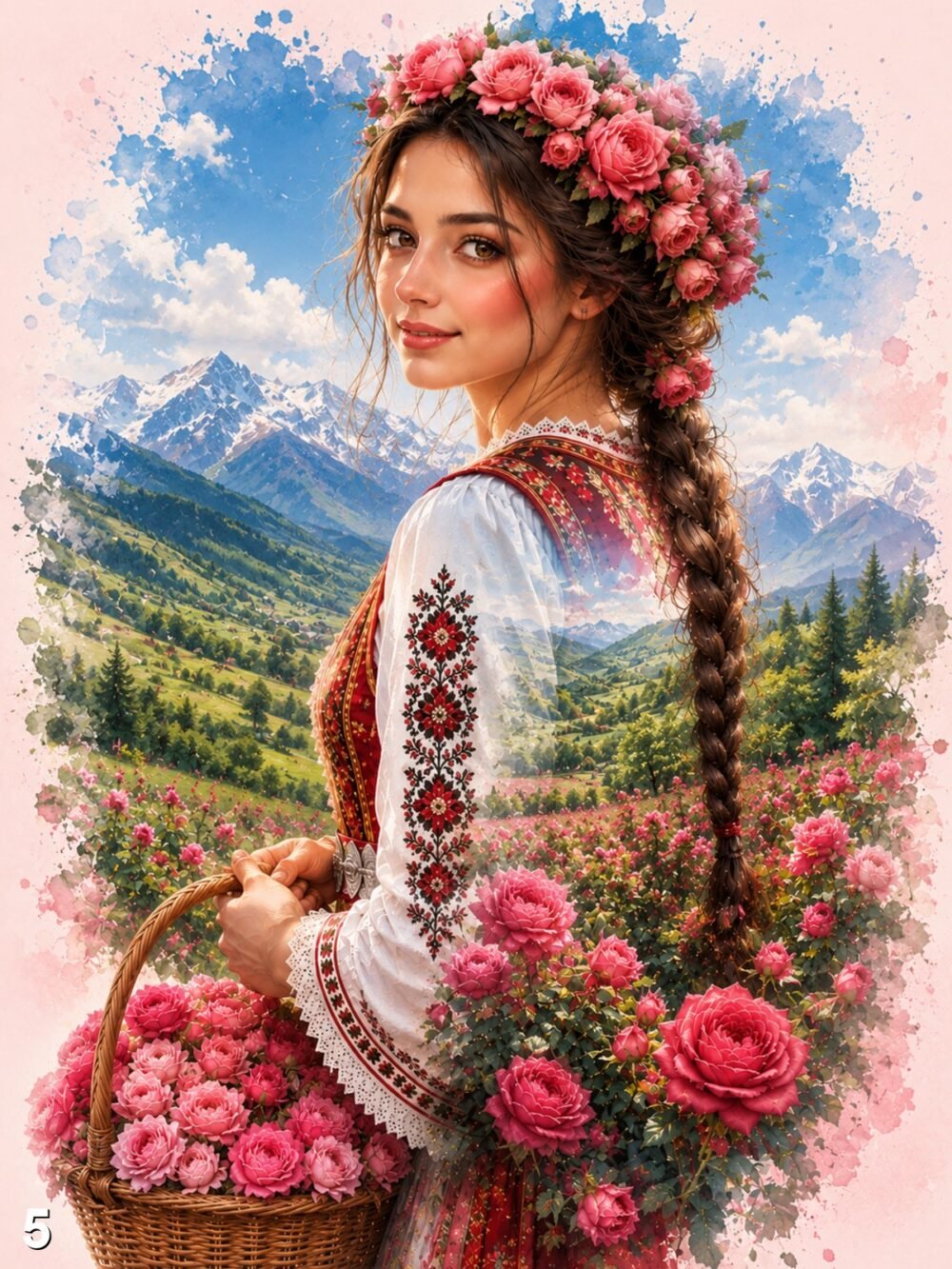 Диамантен гоблен „Мома с кошница рози“ 5 · 30×40 см